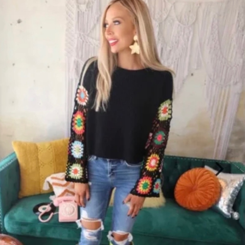 Black Knit Sweater with Crochet Bell Sleeves Small